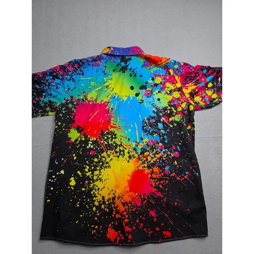 Men's Hawaiian Shirt XL Multicolor Paint Splatter Stretch Short Sleeve Button-Up - Picture 2 of 7